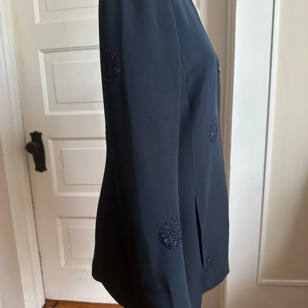 Akris Navy Silk Jacket with Hand Beaded Crystals Size 10 - Picture 5 of 16